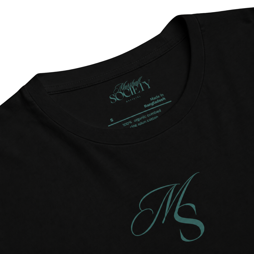 The Society Tee in Black featuring Marshall Society monogram detail.