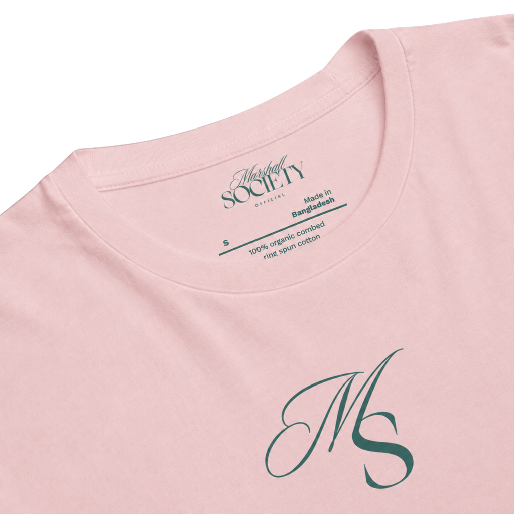 The Society Tee in Rose featuring Marshall Society monogram detail.