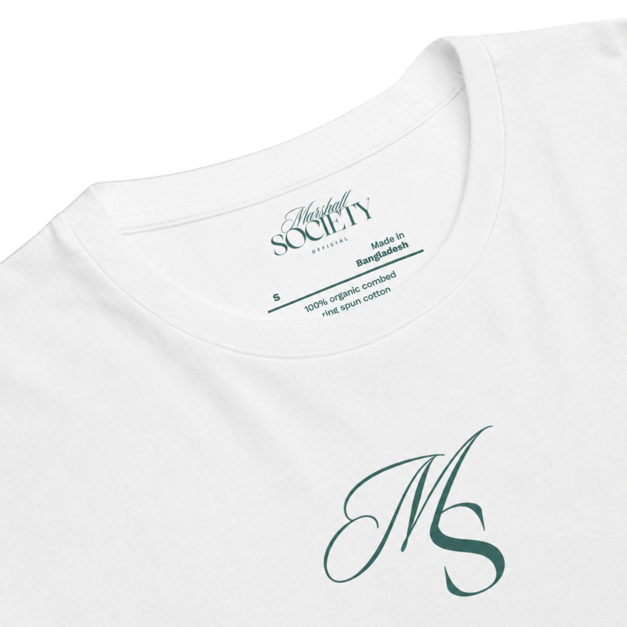 The Society Tee in White featuring Marshall Society monogram detail.