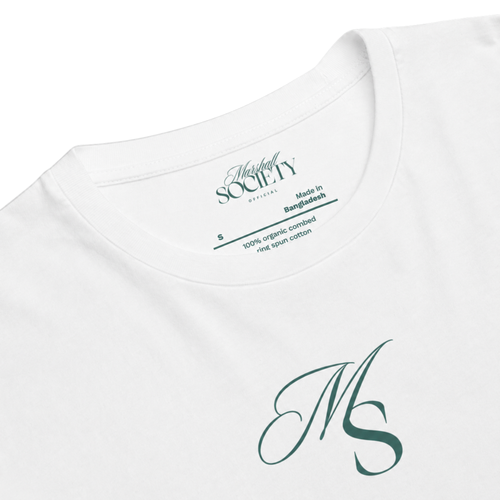 The Society Tee in White featuring Marshall Society monogram detail.